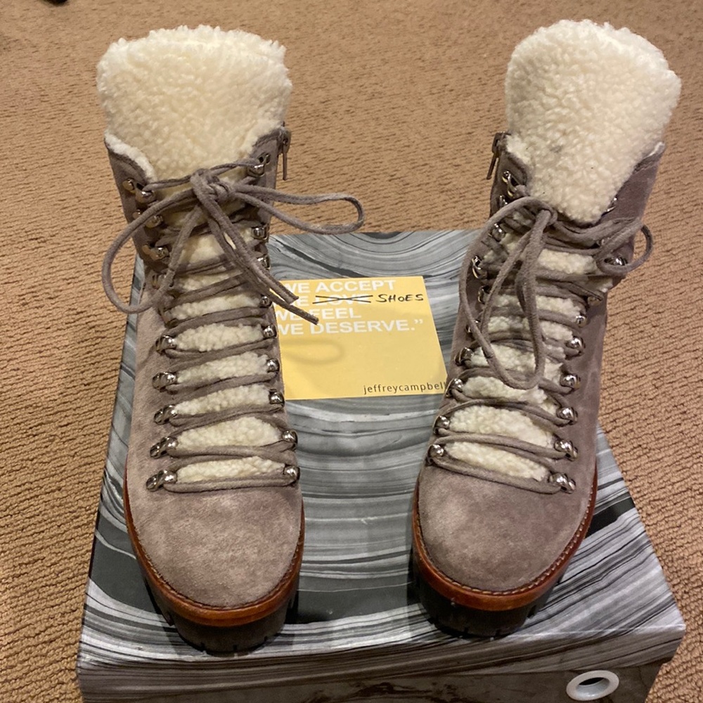Jeffrey Campbell taupe suede ivory booty with Sherpa inside.